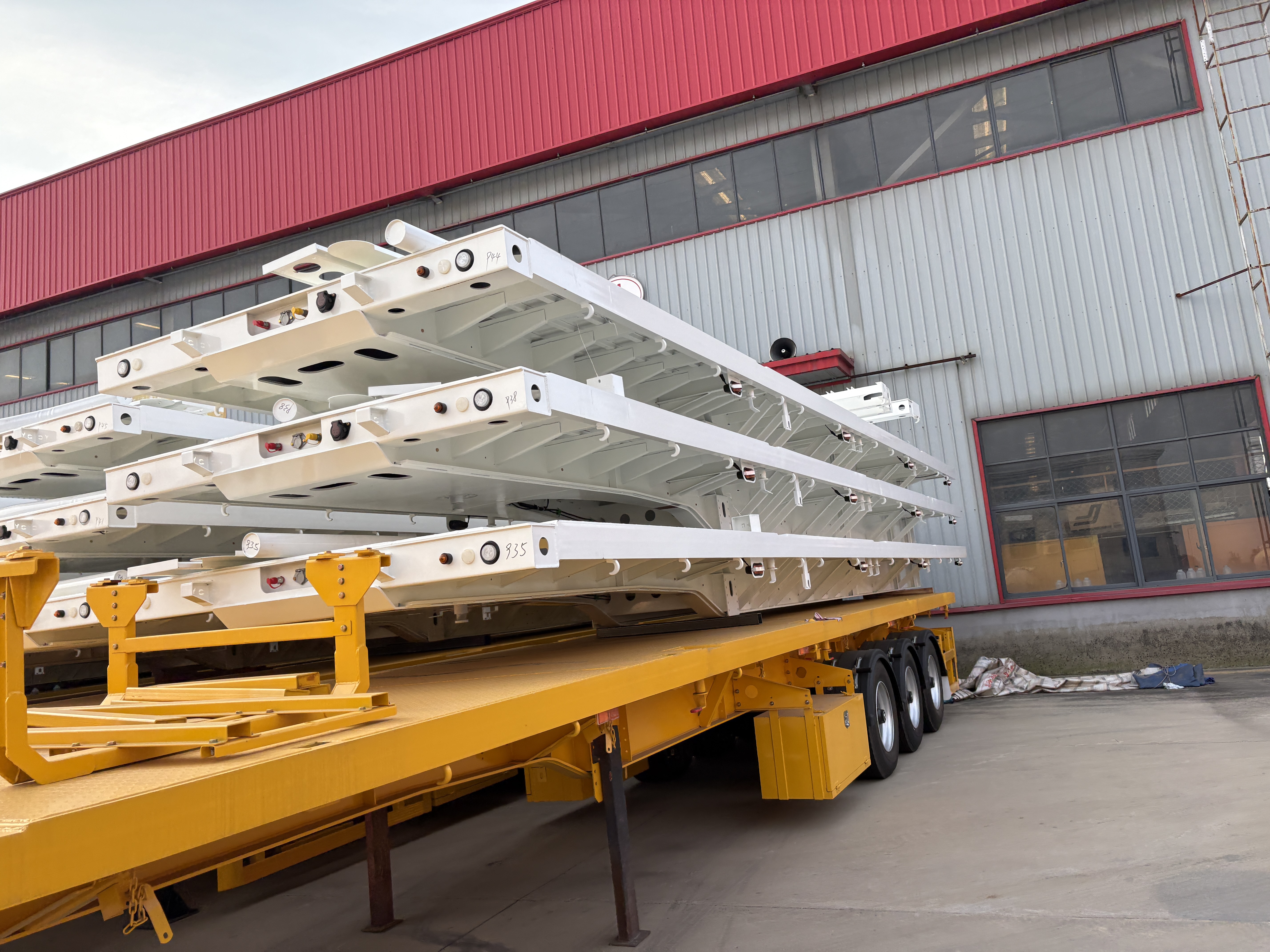 Finished semi trailer structure ready for buyer inspection before shipment